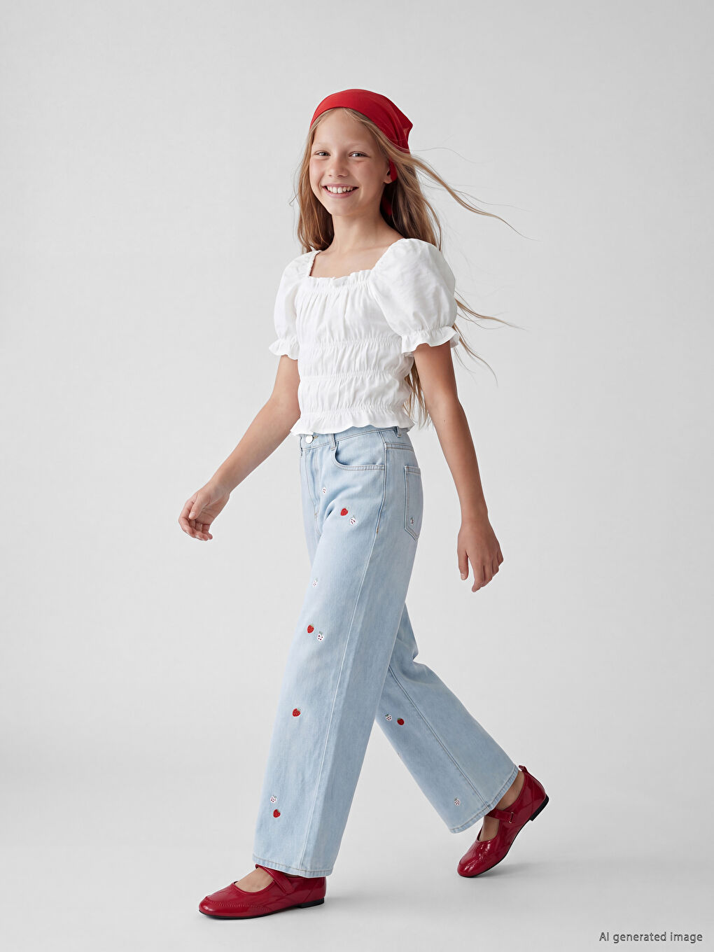 Wideleg Strawberry Embroidered Girls' Jeans-1
