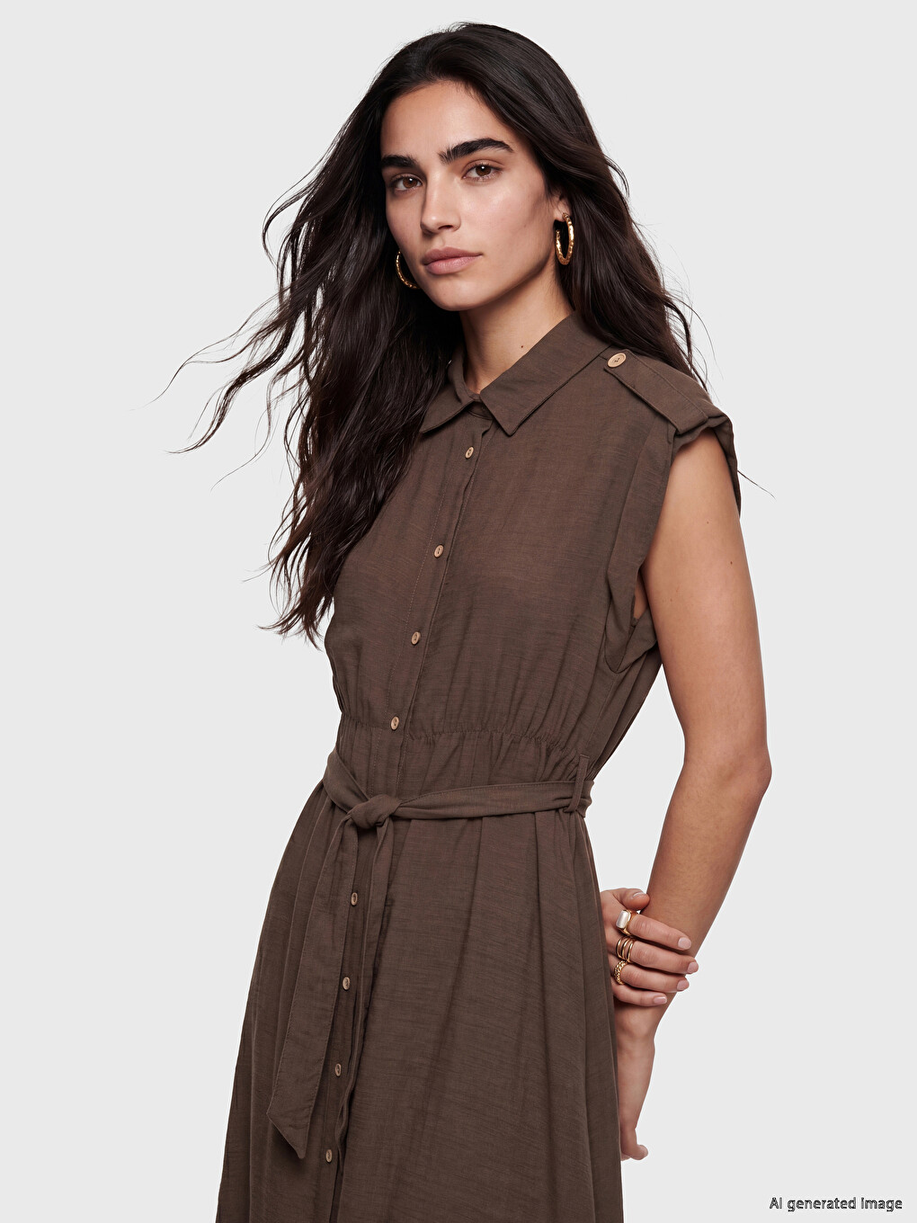 Waist Belted Linen-Look Shirt Dress