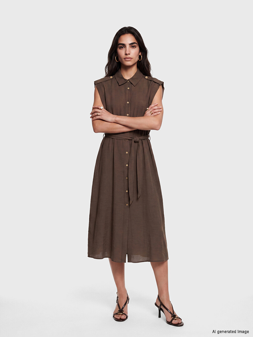 Waist Belted Linen-Look Shirt Dress-1