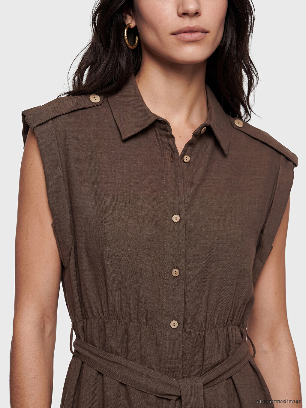 Waist Belted Linen-Look Shirt Dress-2