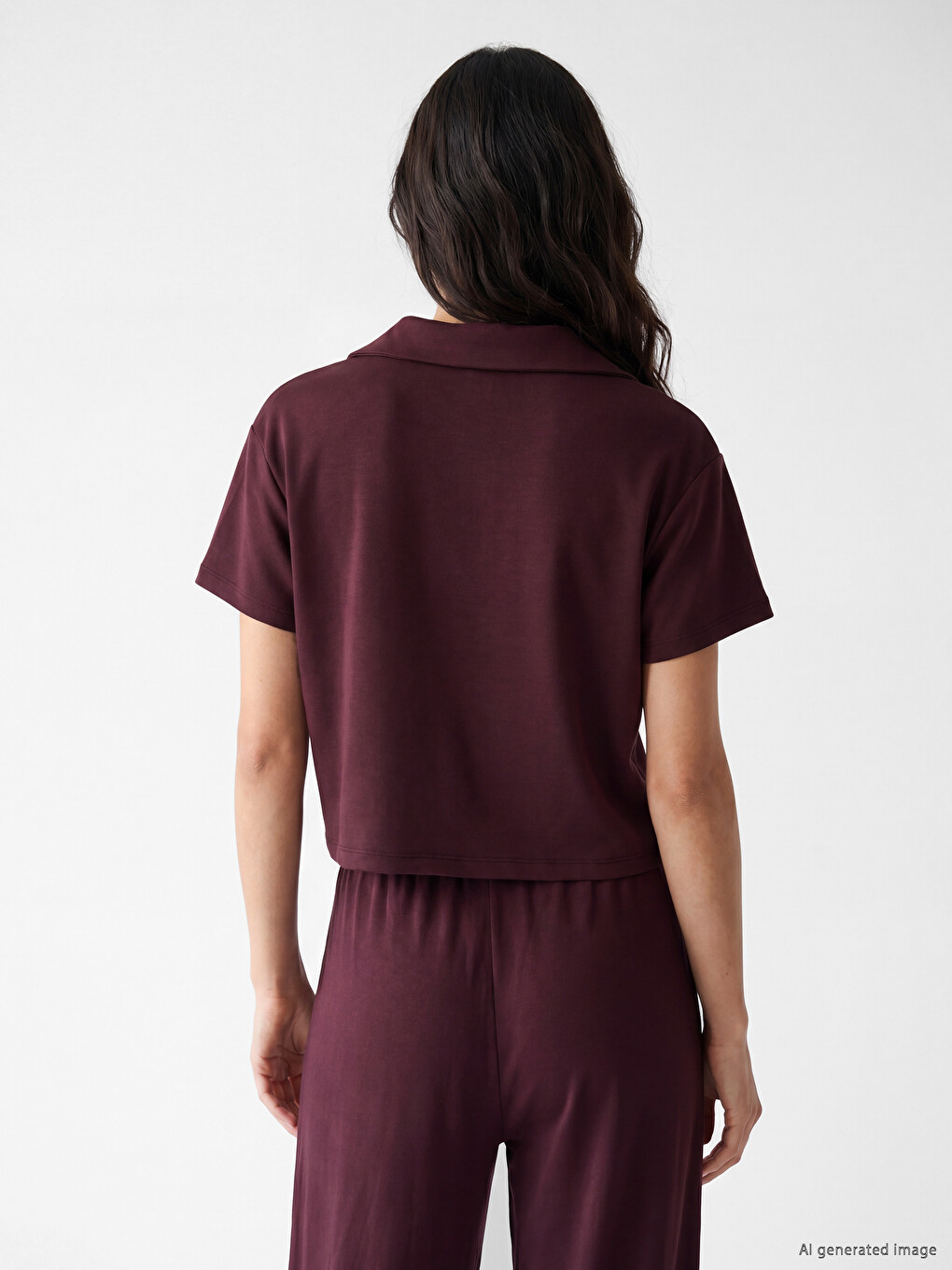 Bordo Polo Yaka Kadın Tişört-3