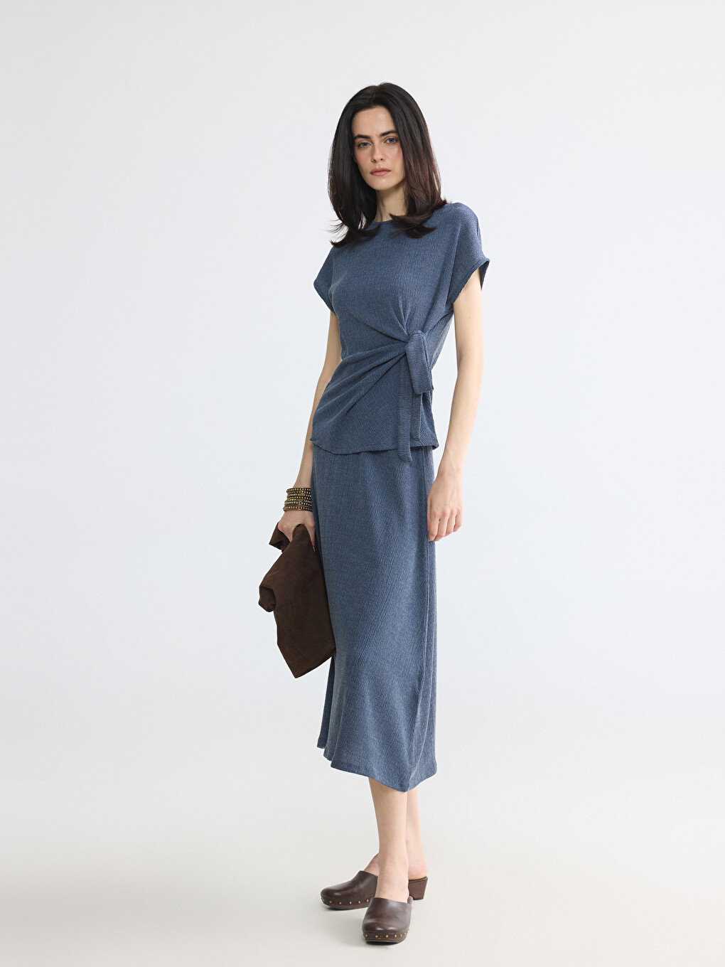 Elastic Waist Textured Flared Skirt