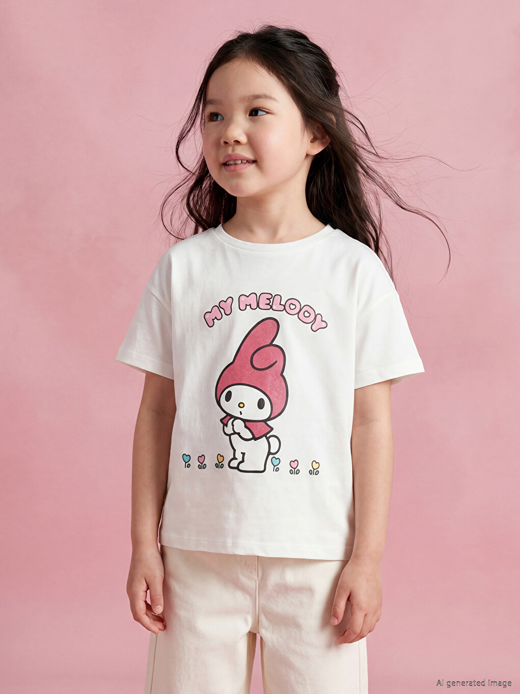Beyaz Bisiklet Yaka My Melody Baskılı Kız Çocuk Tişört