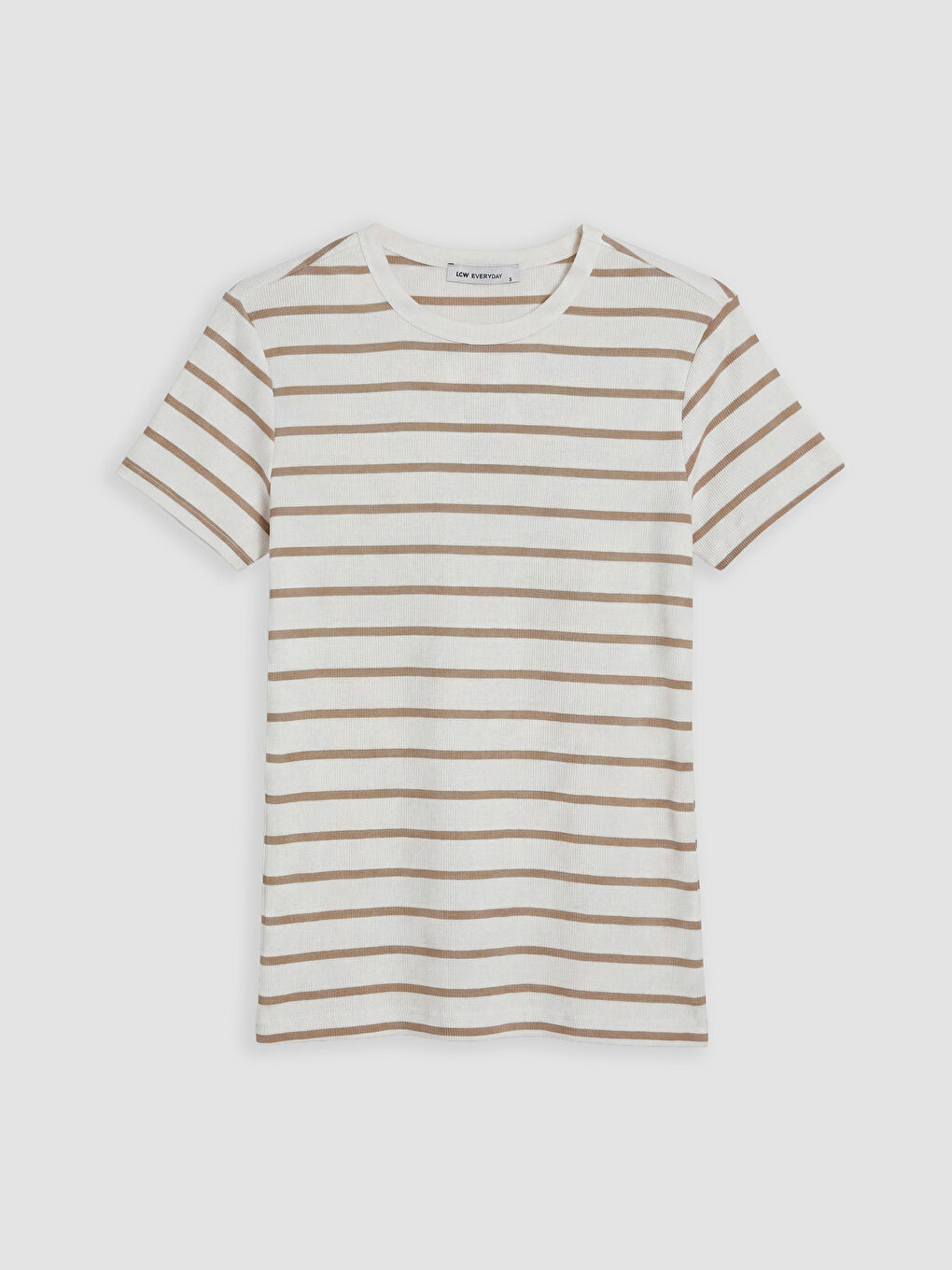 Bej Bisiklet Yaka Çizgili Kadın Tişört