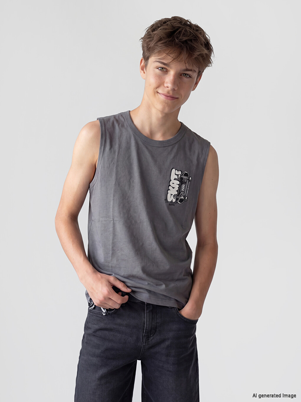 Crew Neck Printed Boys' Tank Top