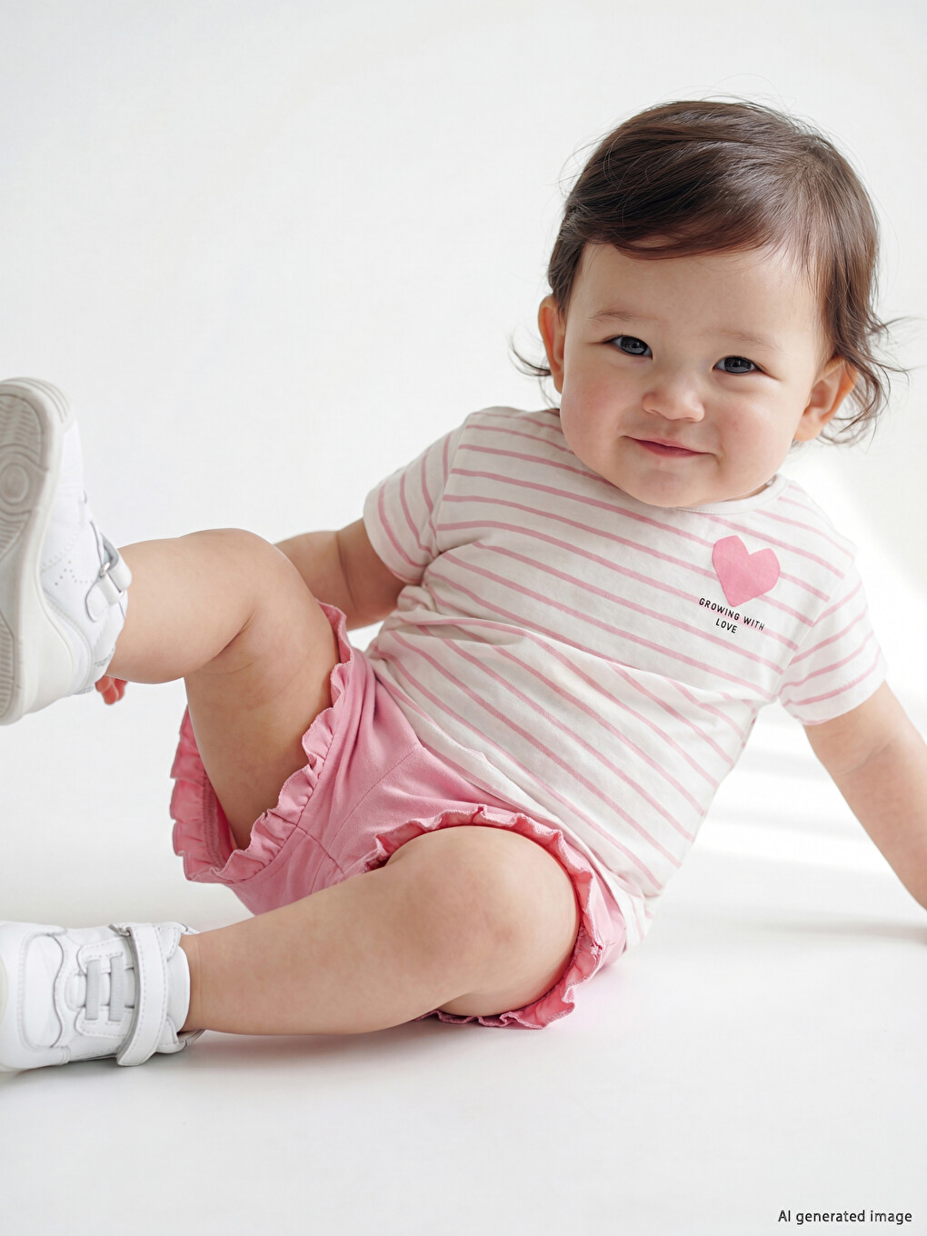 Heart Printed Striped Baby Girls' Shorts Set-1