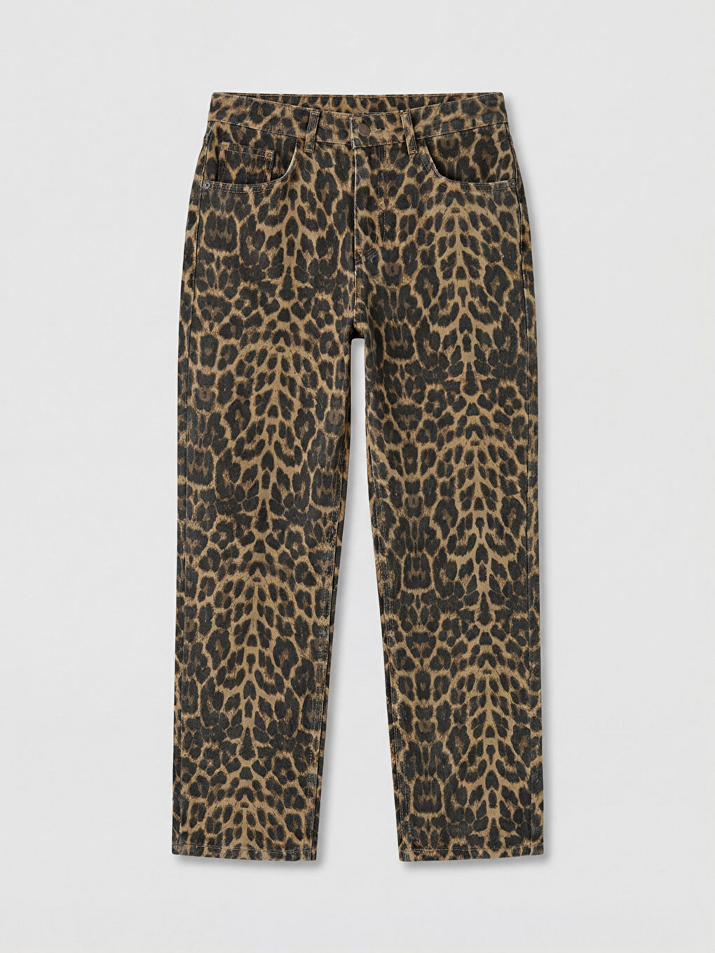 Kahverengi Leopar Desenli Crop Straight Kadın Jean Pantolon