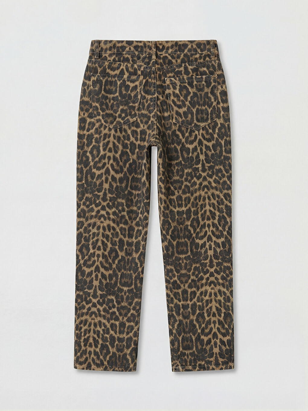 Kahverengi Leopar Desenli Crop Straight Kadın Jean Pantolon-1