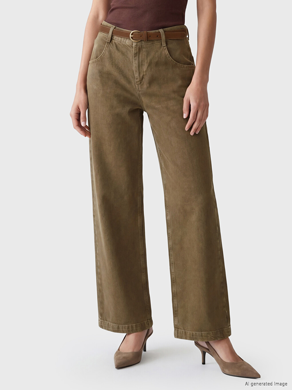 Kahverengi Beli Kemerli Wideleg Fit Kadın Jean Pantolon-1