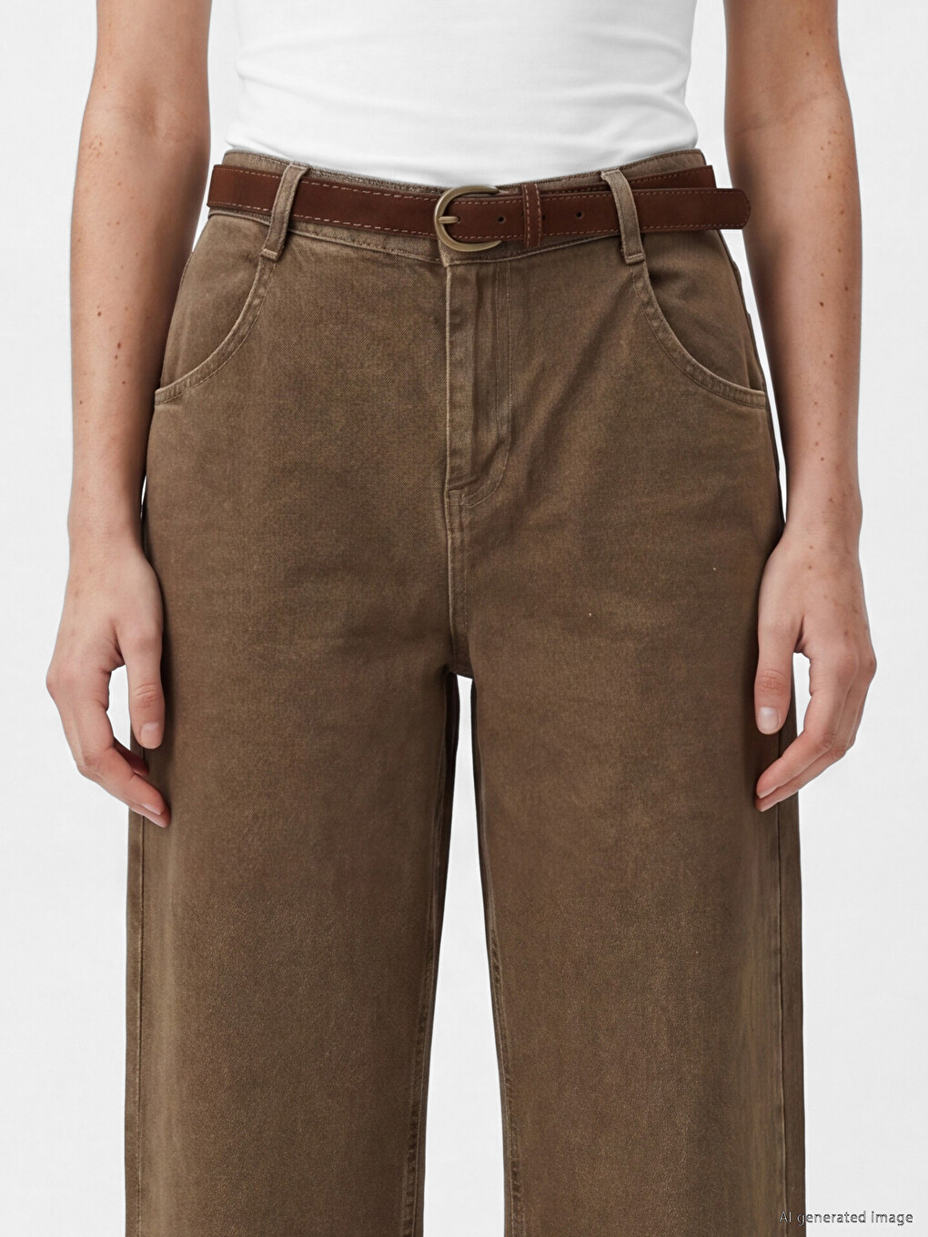 Kahverengi Beli Kemerli Wideleg Fit Kadın Jean Pantolon-2