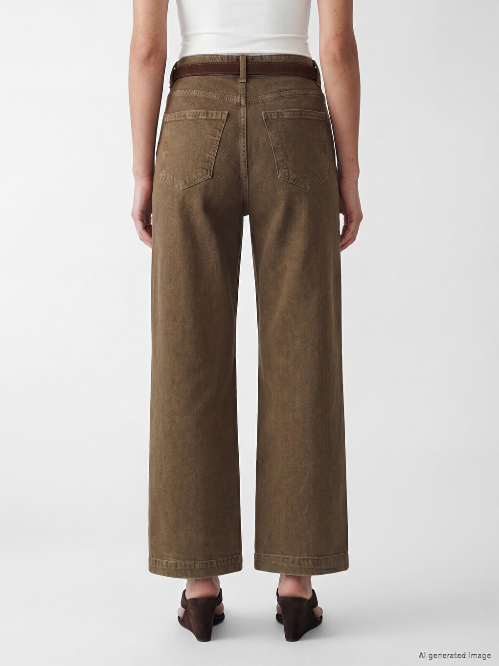 Kahverengi Beli Kemerli Wideleg Fit Kadın Jean Pantolon-3