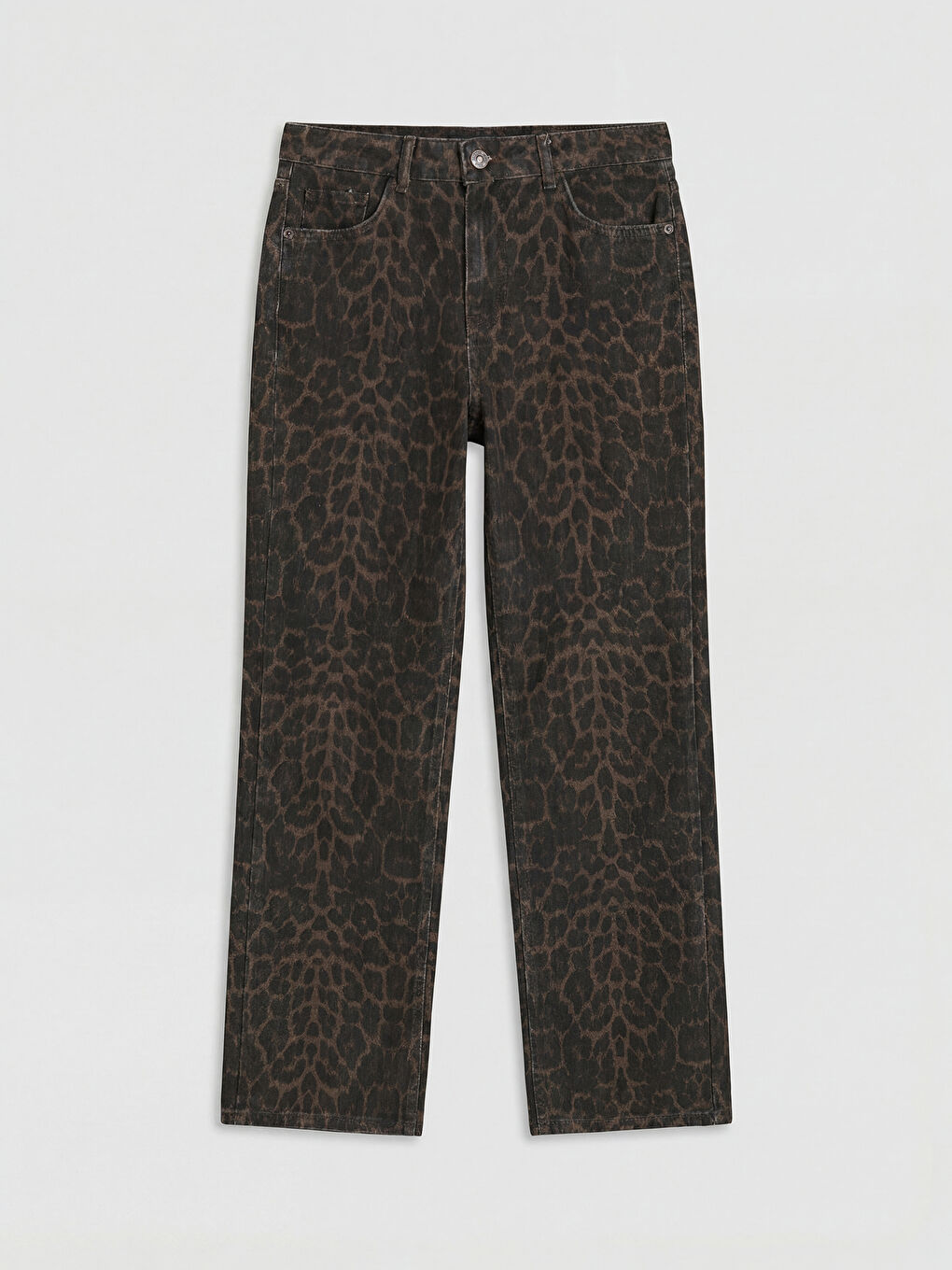 Kahverengi Stragiht Fit Leopar Desenli Kadın Jean Pantolon