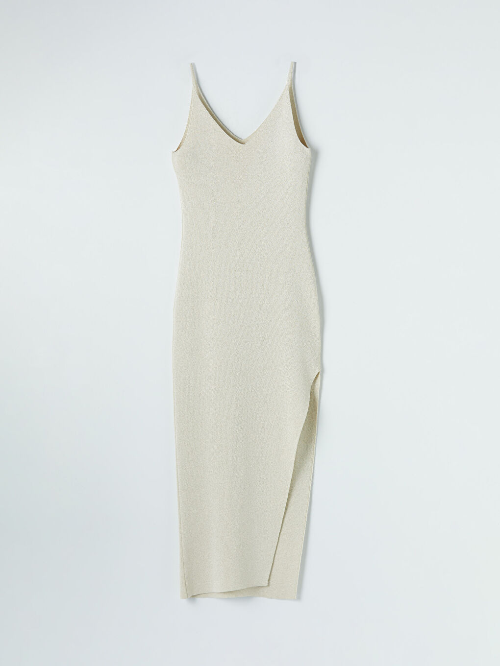 Bej V Yaka Yırtmaçlı Triko Elbise