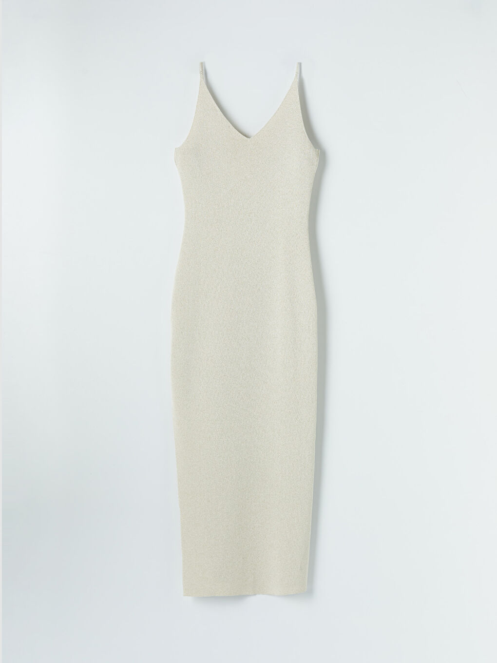 Bej V Yaka Yırtmaçlı Triko Elbise-1