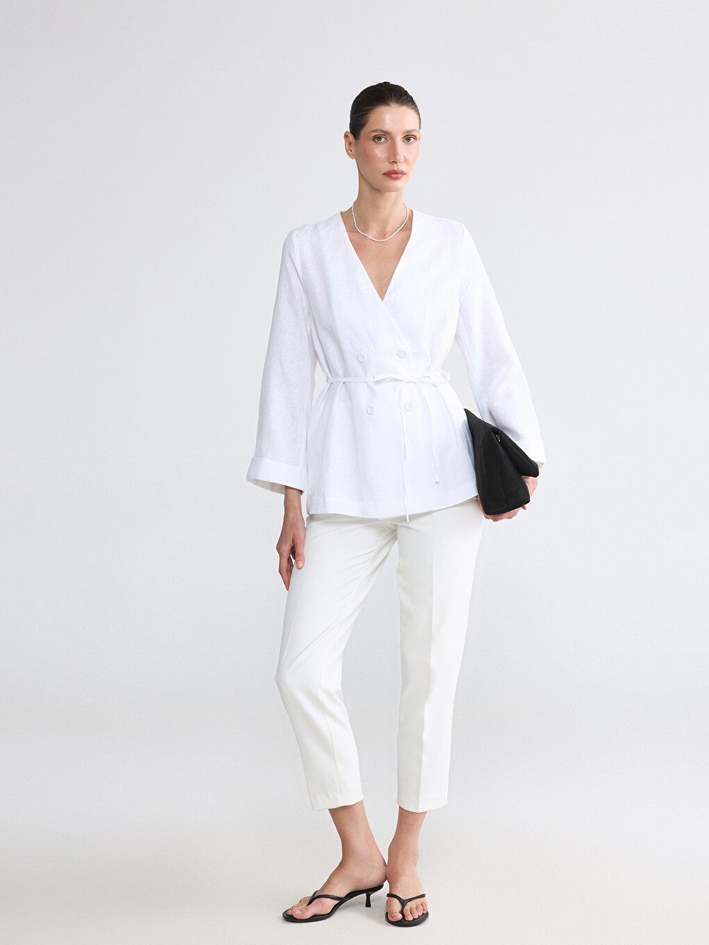 Double Breasted Belted Waist Women's Linen Jacket-2