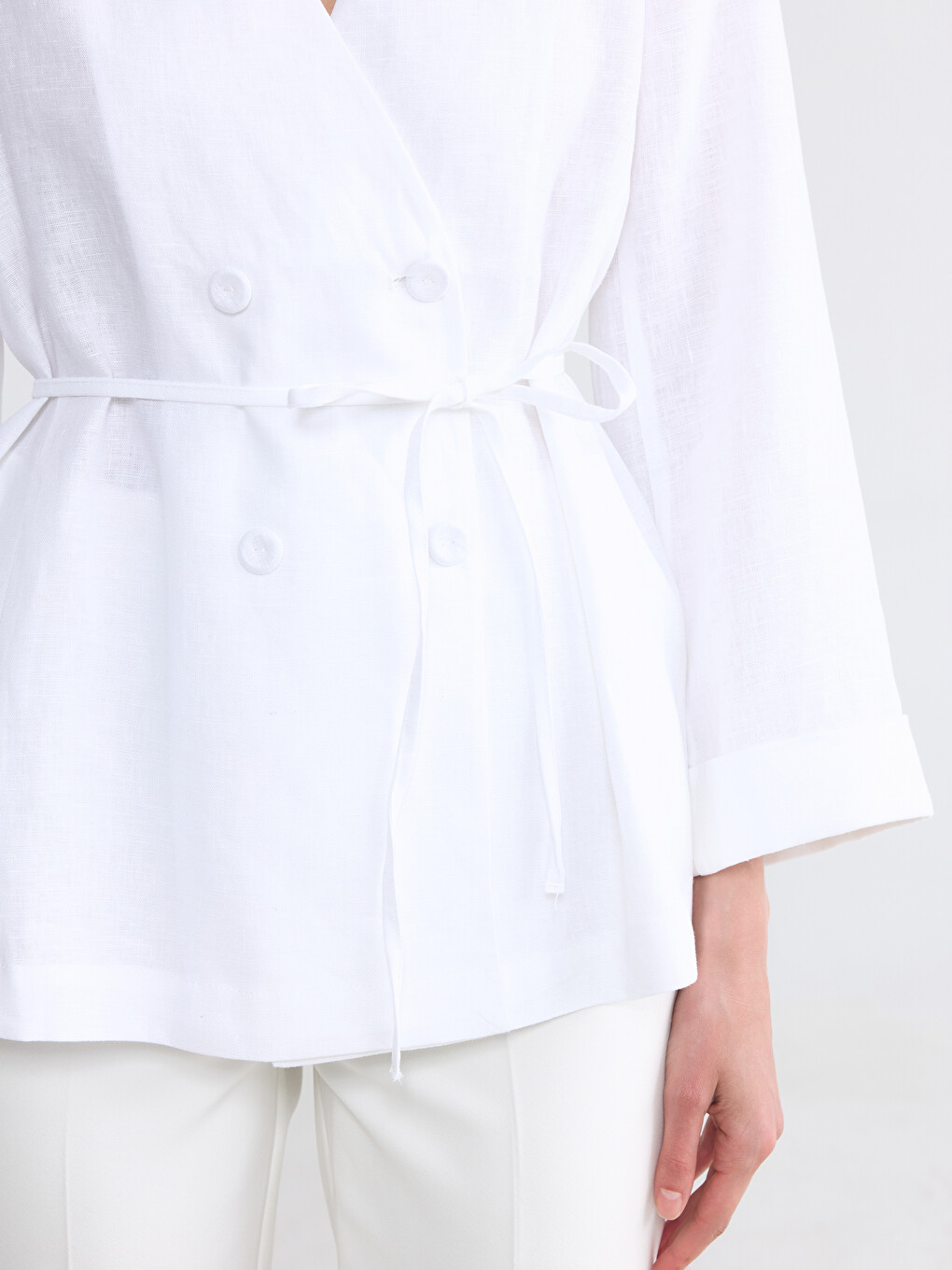 Double Breasted Belted Waist Women's Linen Jacket-3