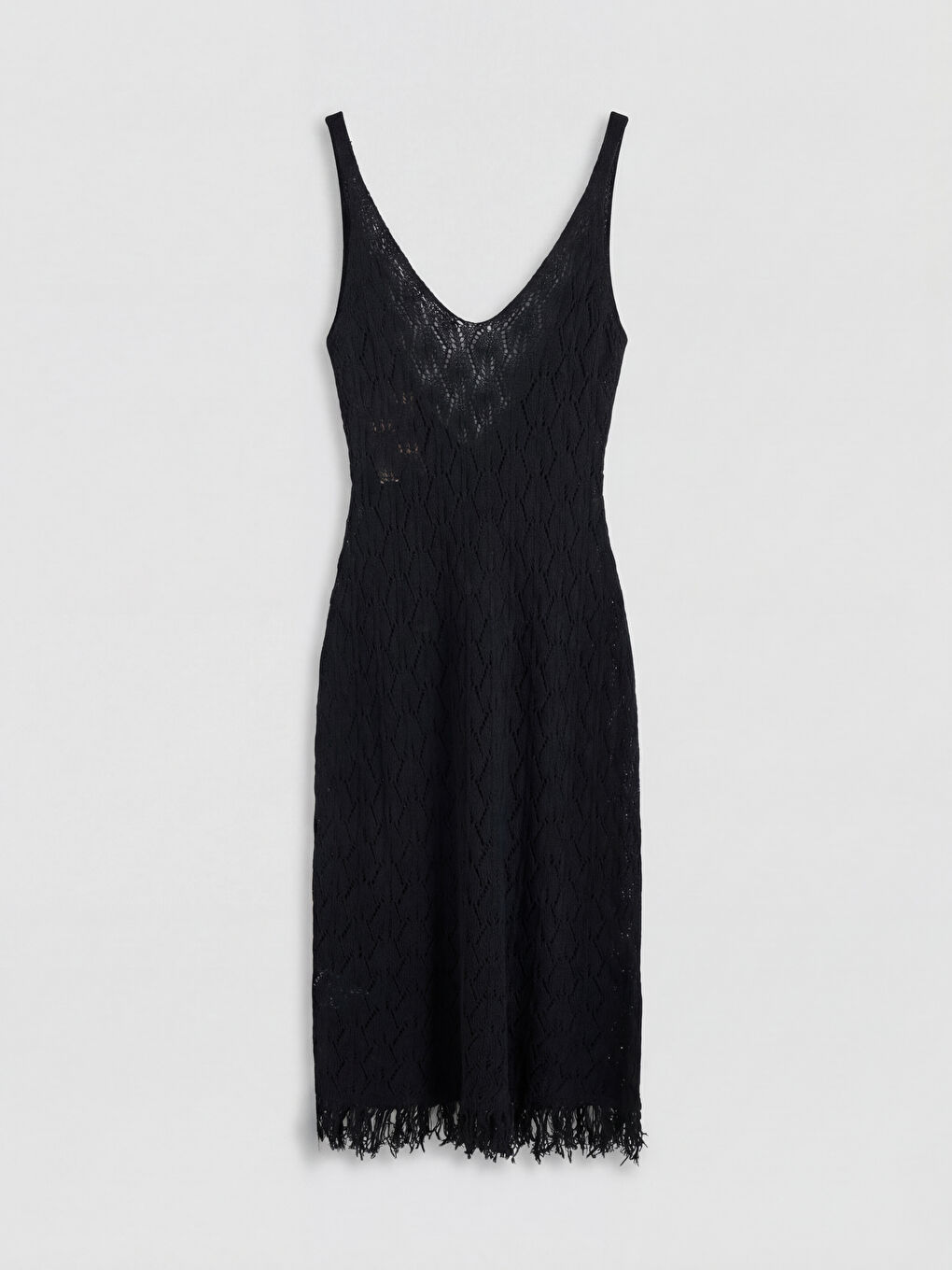 Siyah V Yaka Ajurlu Saçaklı Plaj Elbisesi