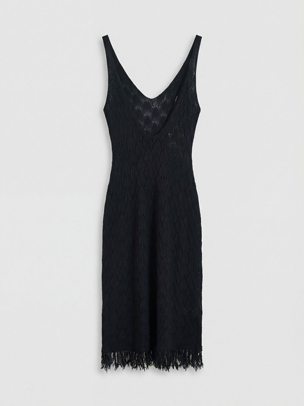 Siyah V Yaka Ajurlu Saçaklı Plaj Elbisesi-1