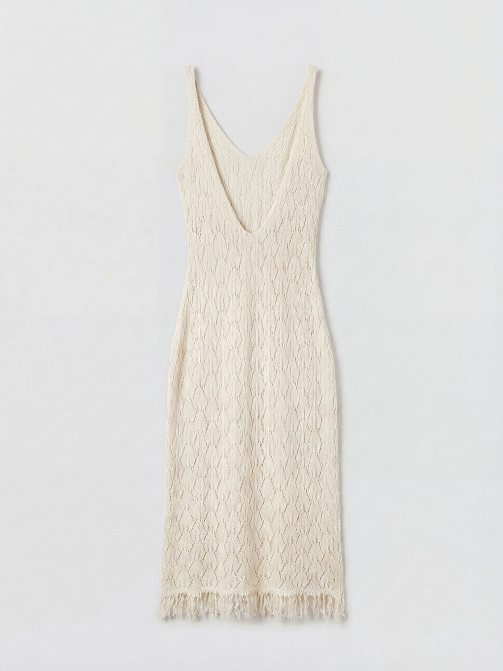 Bej V Yaka Ajurlu Saçaklı Plaj Elbisesi-1