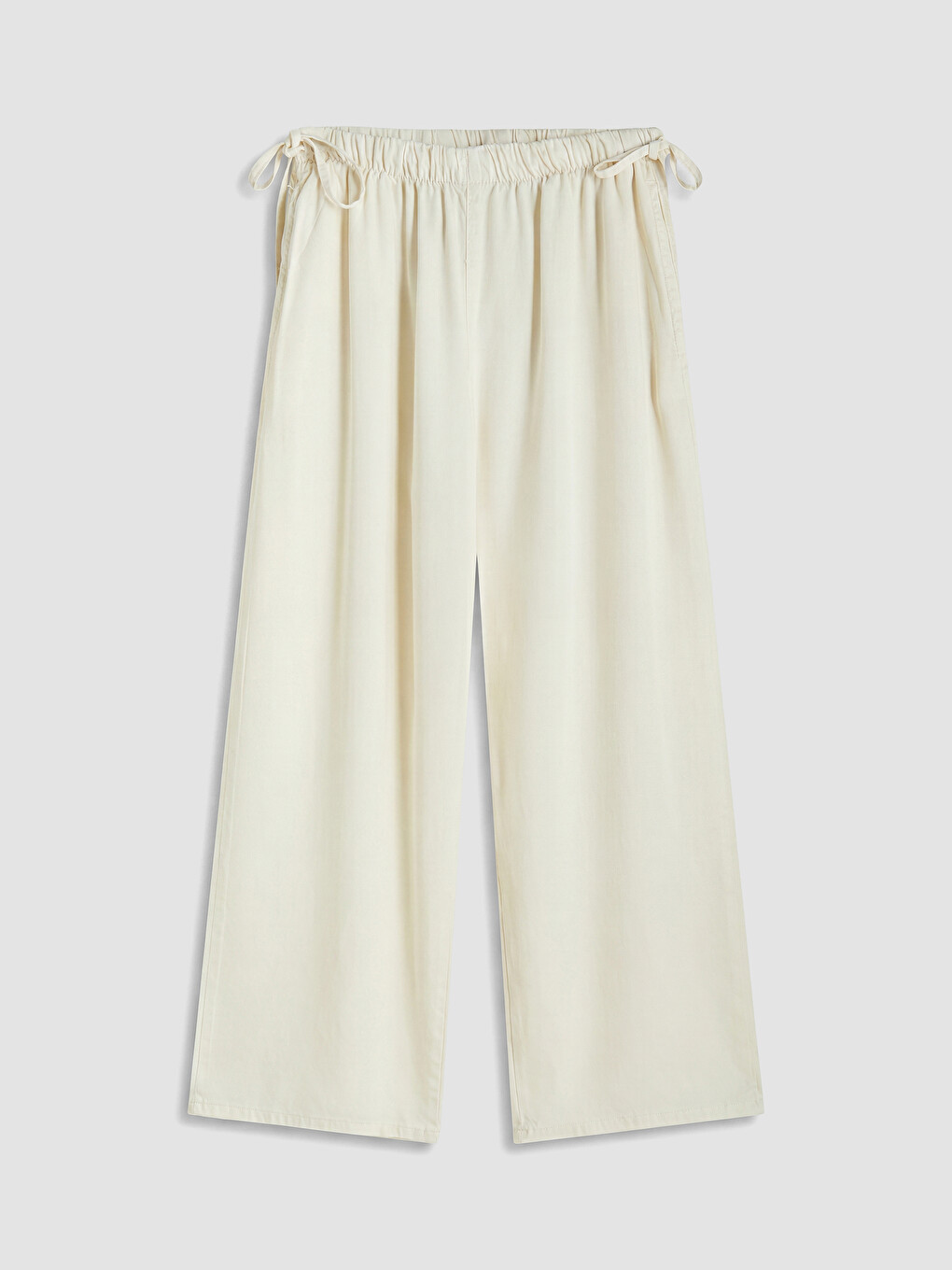 Ekru Beli Lastikli Wideleg Kadın Jean Pantolon