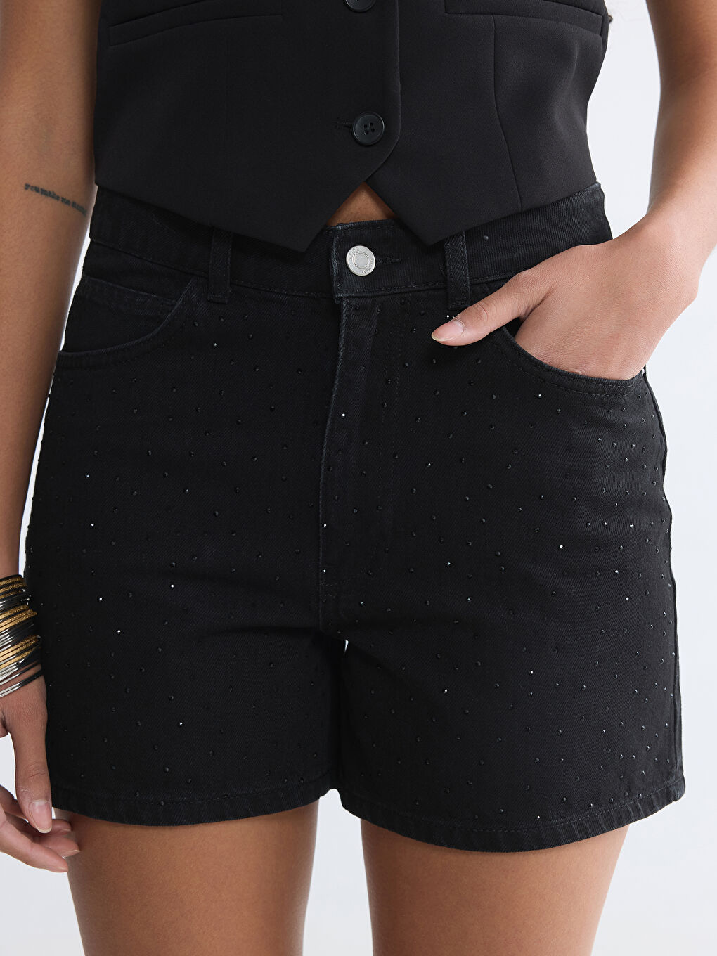 Rhinestone Embellished Women's Jean Shorts-2