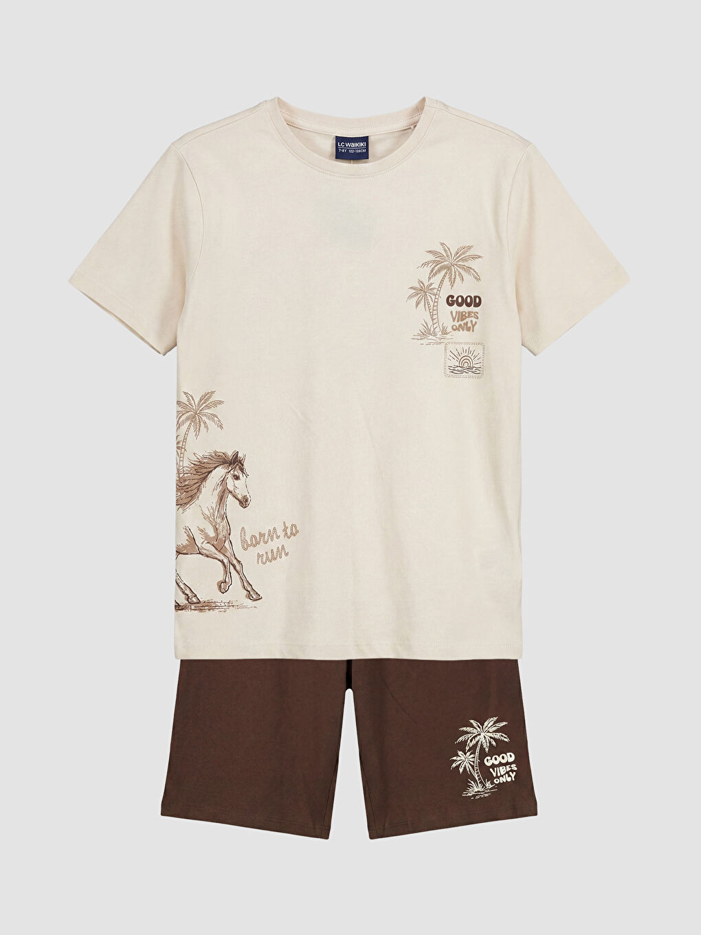 Bej Bisiklet Yaka Erkek Çocuk Şortlu Pijama Takımı