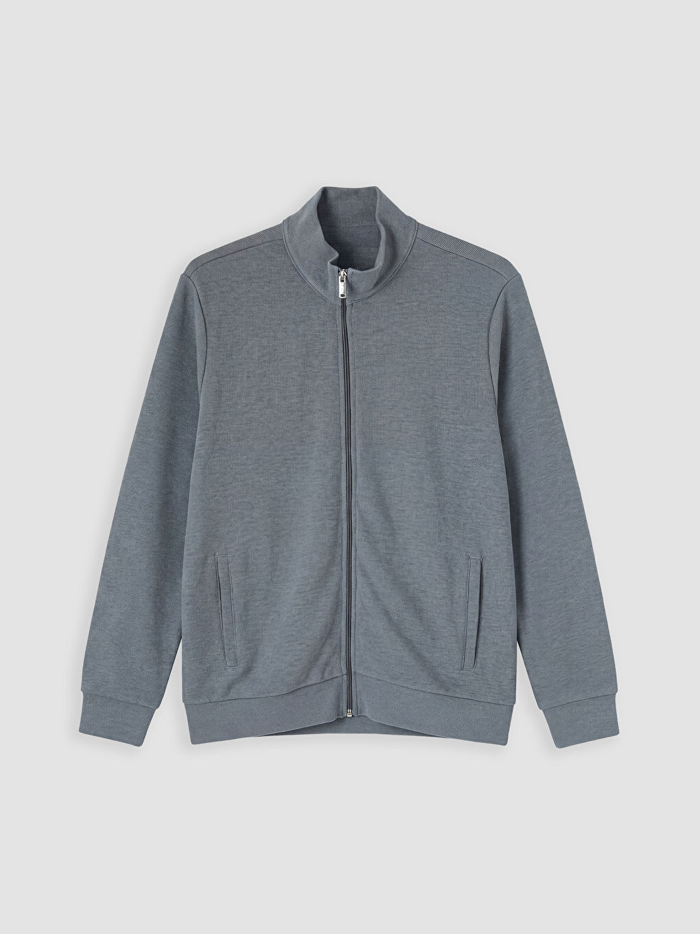 Gri Dik Yaka Erkek Fermuarlı Sweatshirt