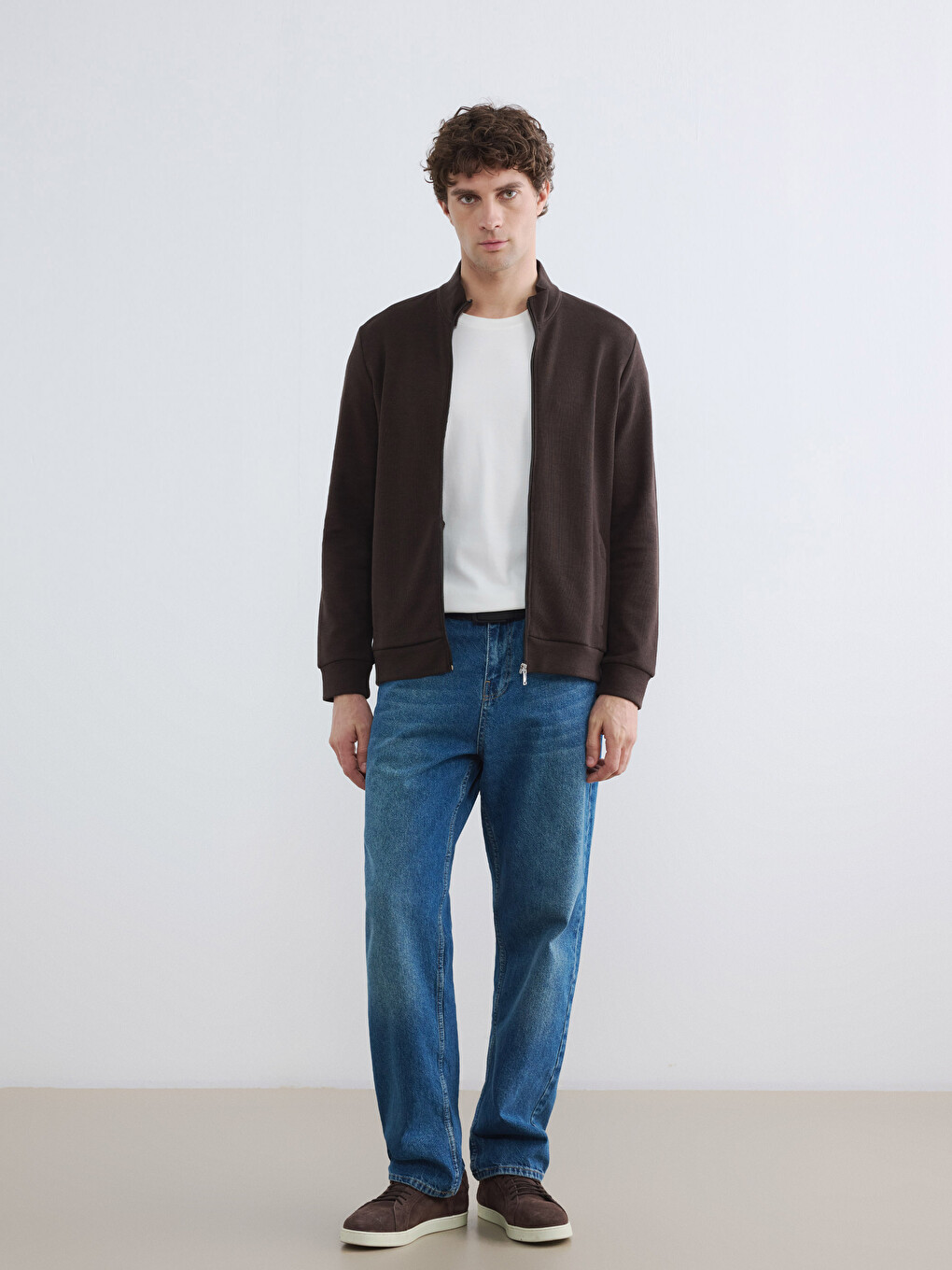 Kahverengi Dik Yaka Erkek Fermuarlı Sweatshirt-1