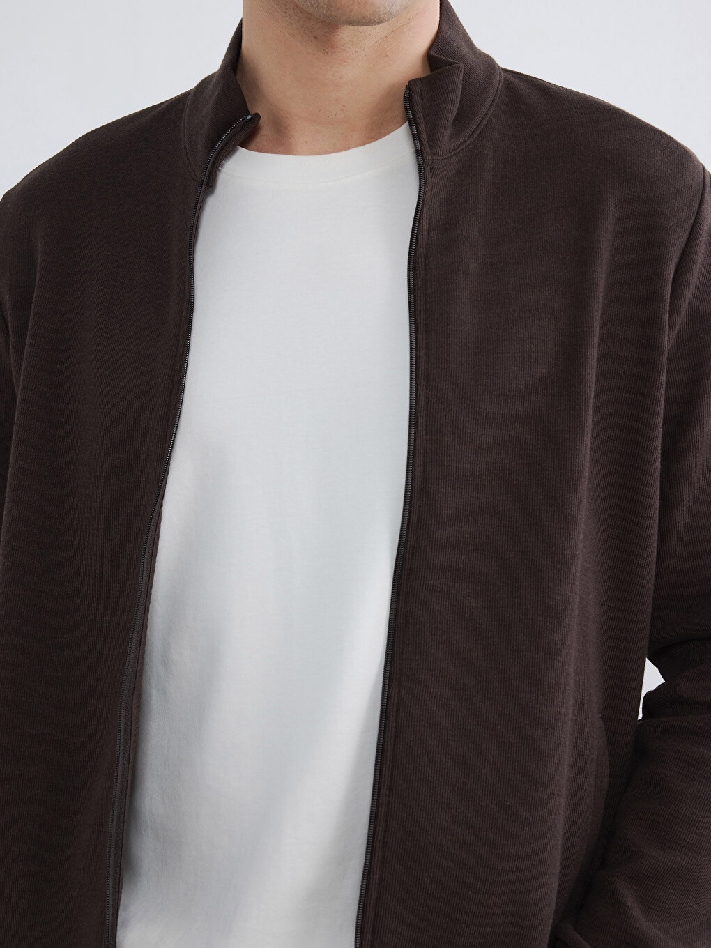 Kahverengi Dik Yaka Erkek Fermuarlı Sweatshirt-2