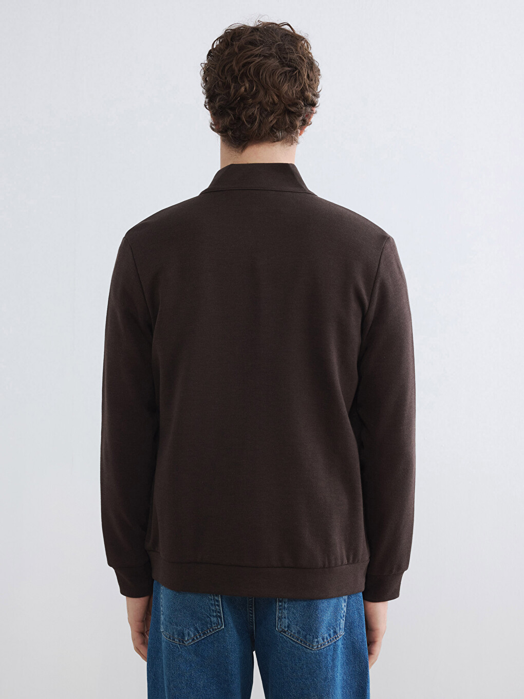Kahverengi Dik Yaka Erkek Fermuarlı Sweatshirt-3