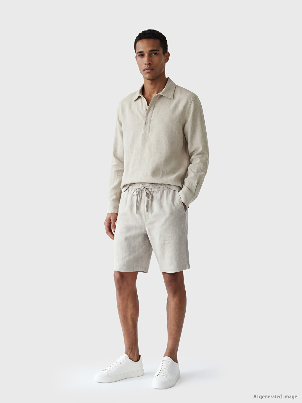 Bej Regular Fit %100 Keten Erkek Şort-1