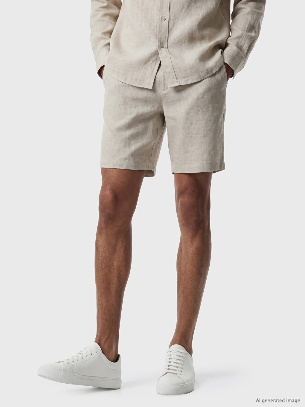 Bej Regular Fit %100 Keten Erkek Şort-2