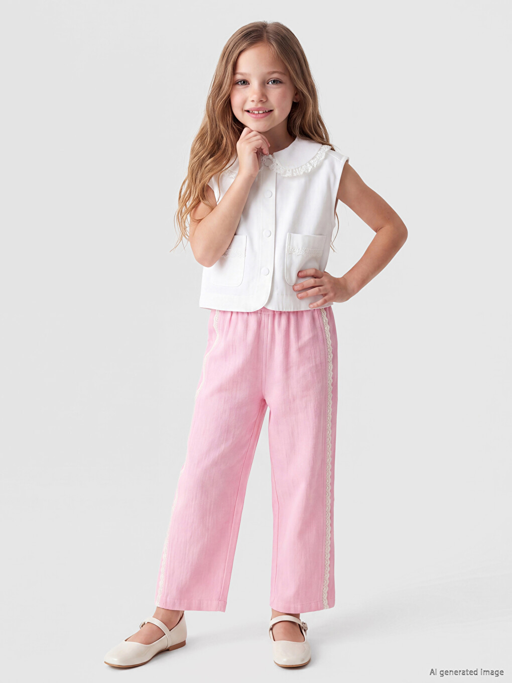 Pembe Regular Fit Kız Çocuk Dantel Detaylı Pantolon