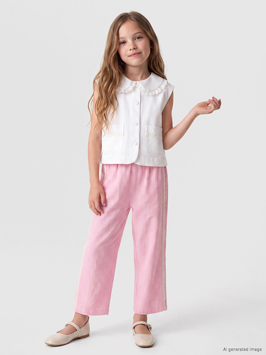 Pembe Regular Fit Kız Çocuk Dantel Detaylı Pantolon-1