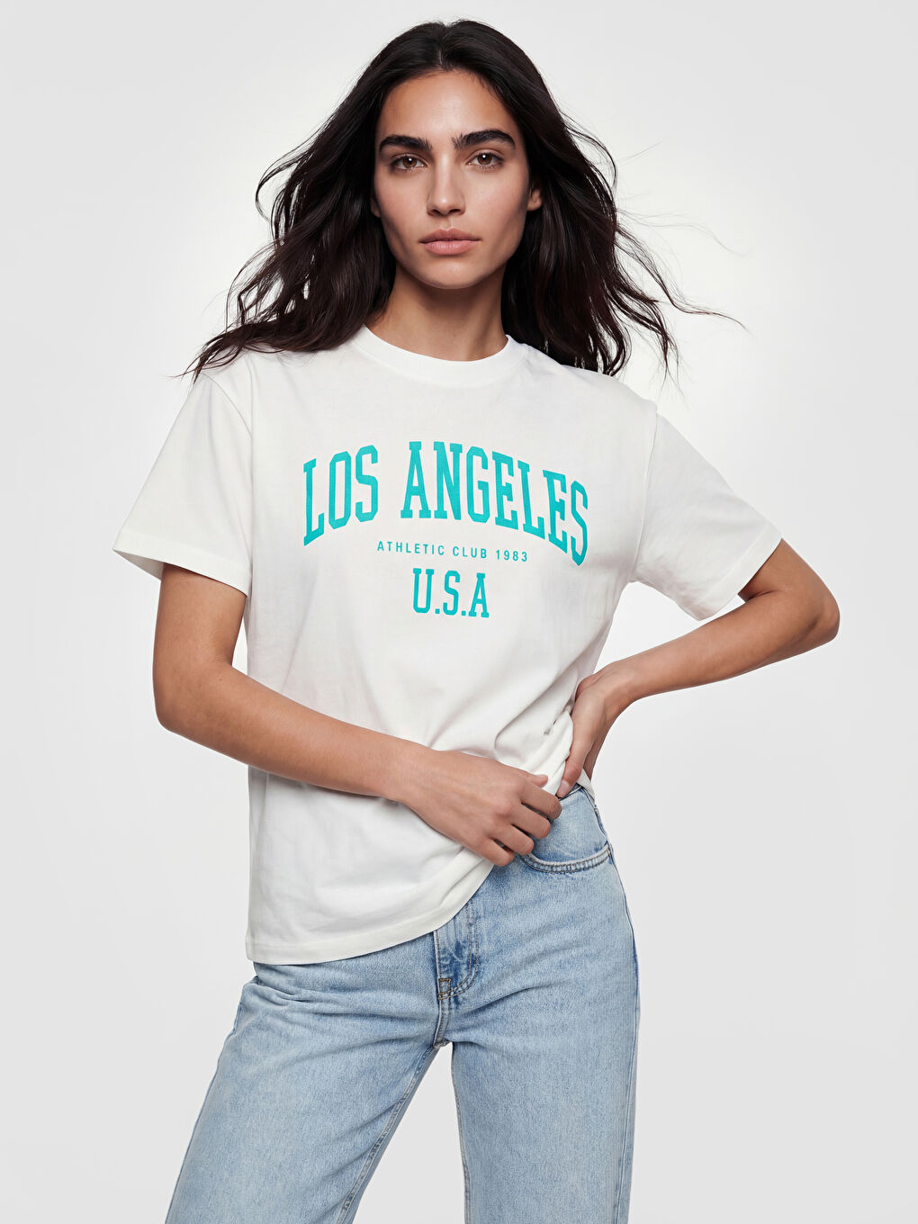 Tricou cu Guler Rotund Imprimat Los Angeles pentru Femei