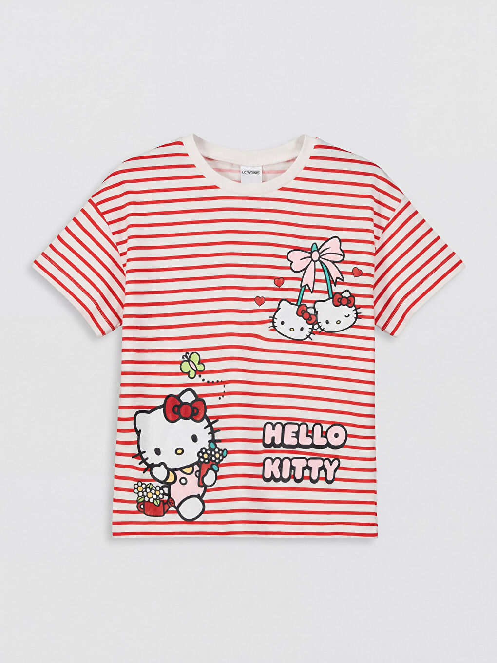 Kırmızı Bisiklet Yaka Hello Kitty Baskılı Kız Çocuk Tişört