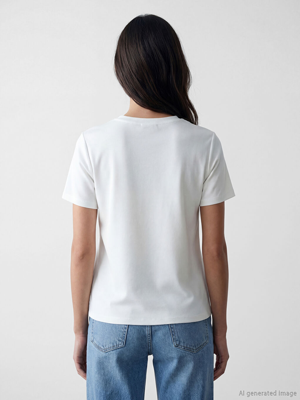 Beyaz Bisiklet Yaka Kadın Tişört-2