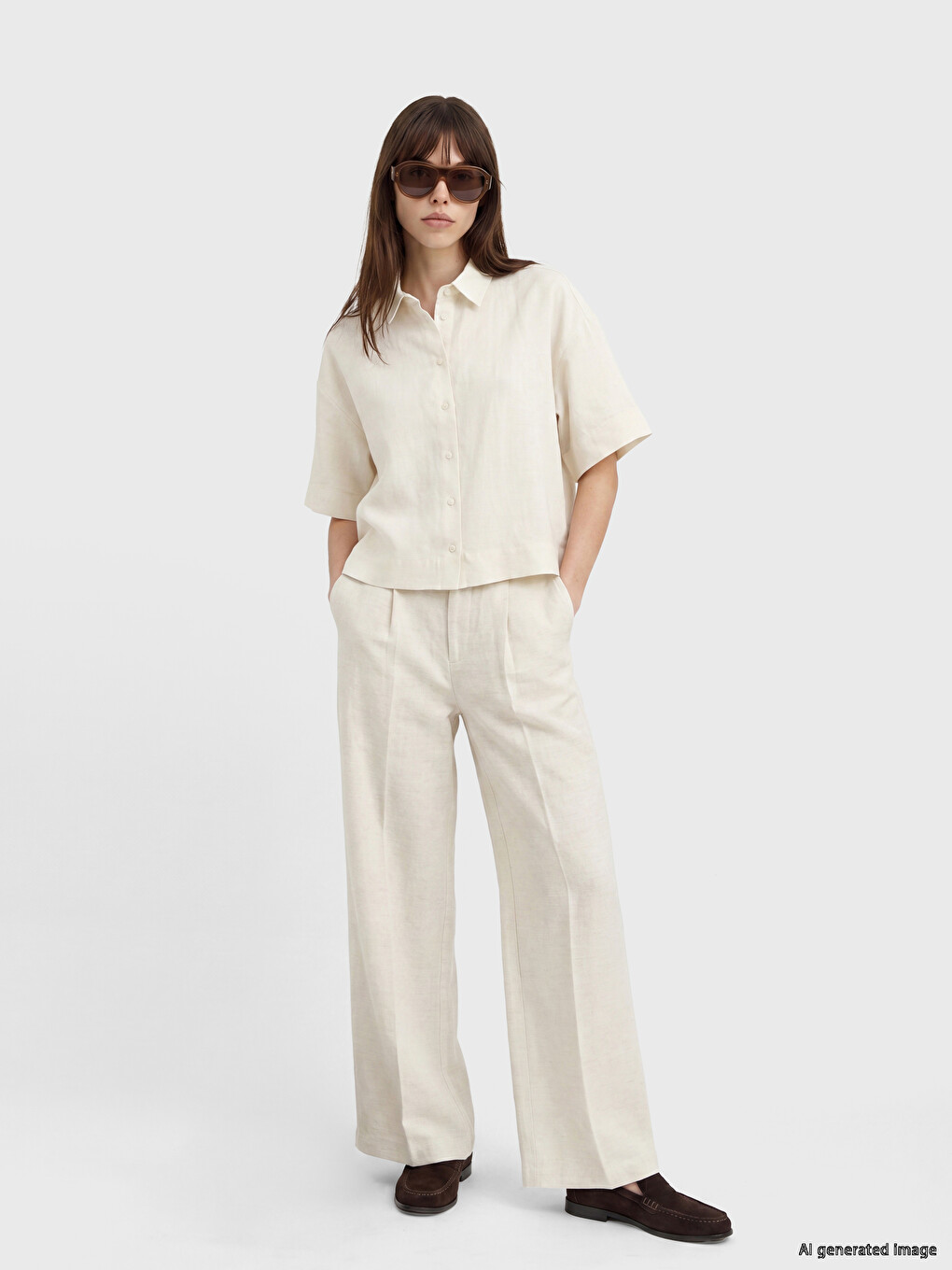 Loose Fit plisirane pantalone od mešavine lana za žene