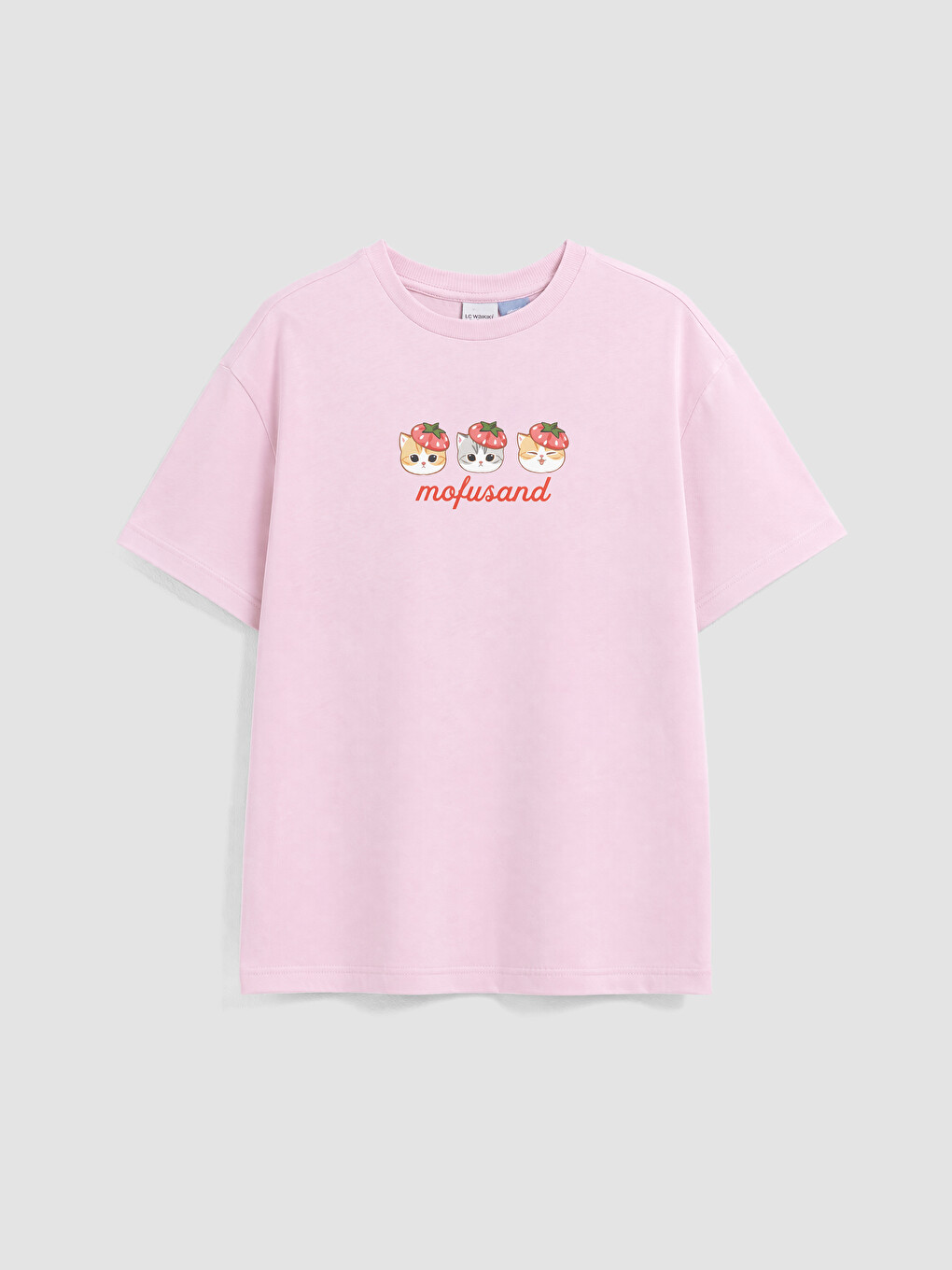 Pembe Bisiklet Yaka Mofusand Baskılı Kız Çocuk Tişört-1