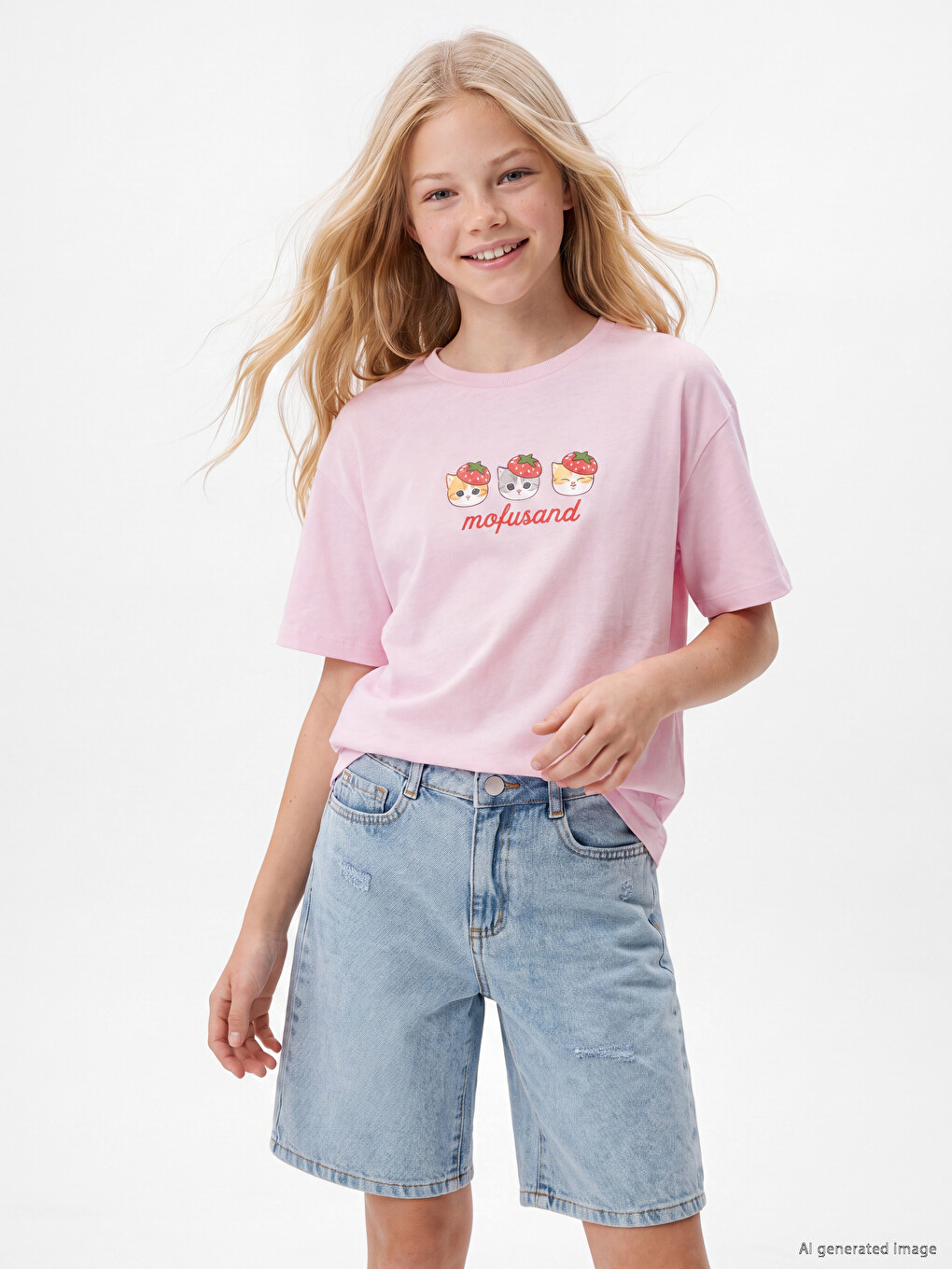 Crew Neck Mofusand Printed Girls' T-shirt