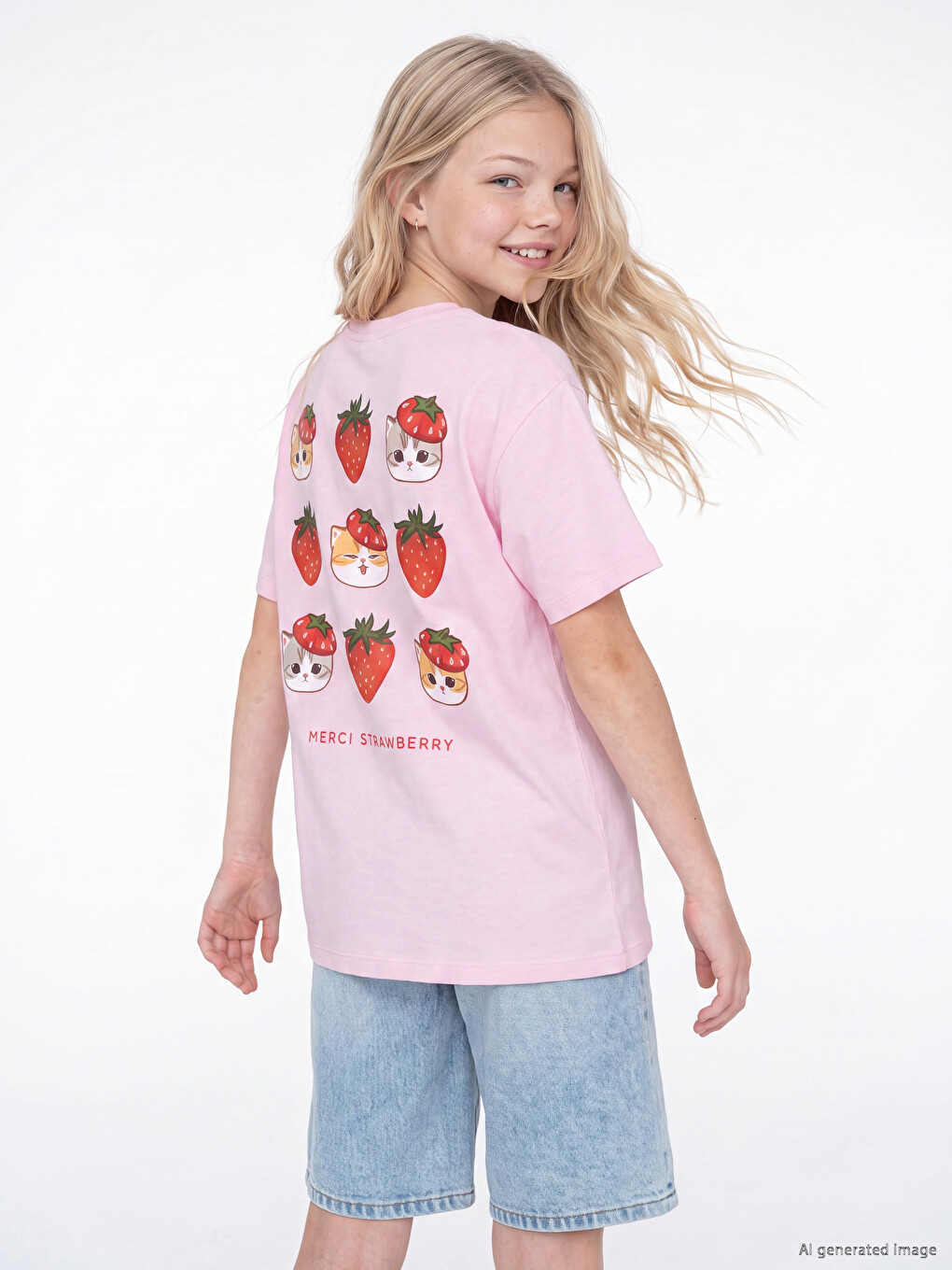 Crew Neck Mofusand Printed Girls' T-shirt-1