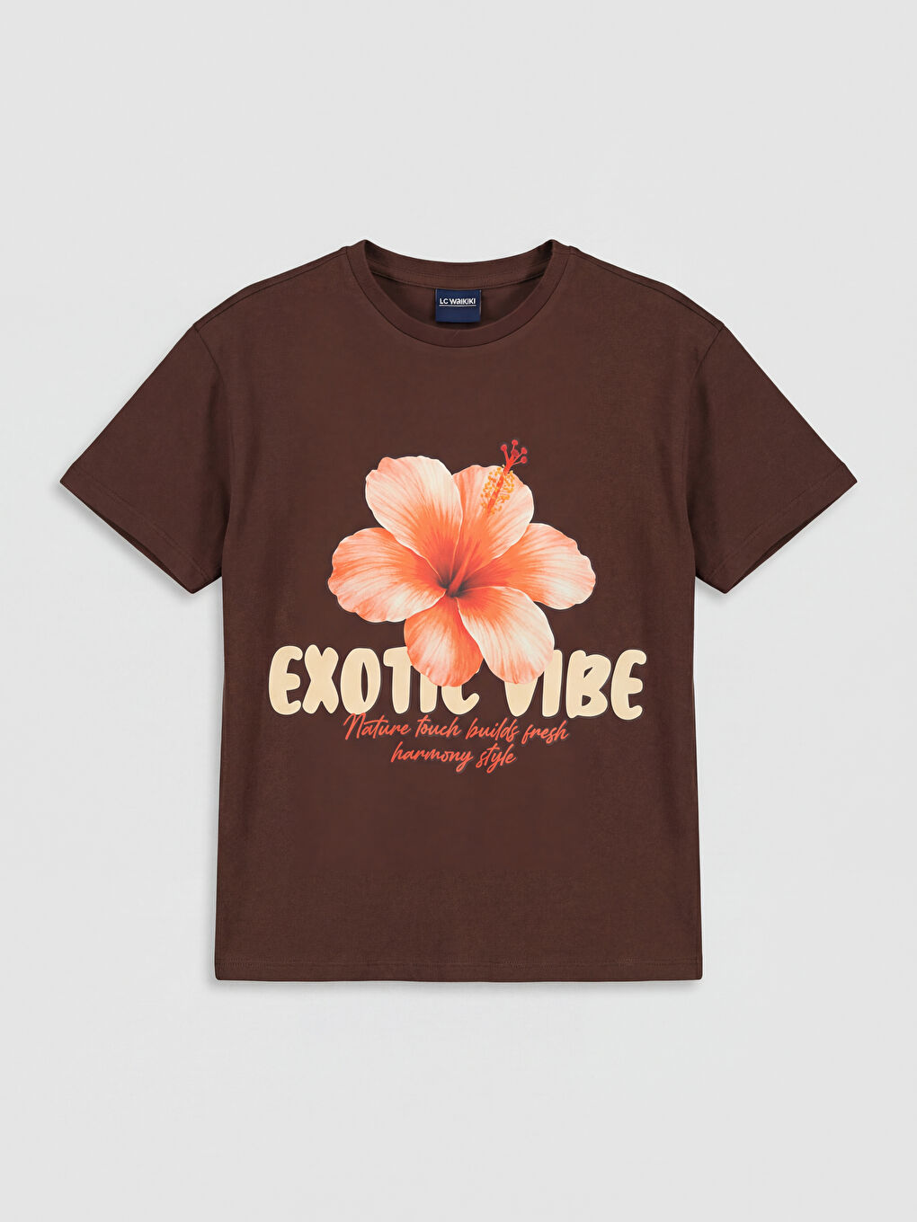 Kahverengi Bisiklet Yaka Çiçek Baskılı Kız Çocuk Tişört