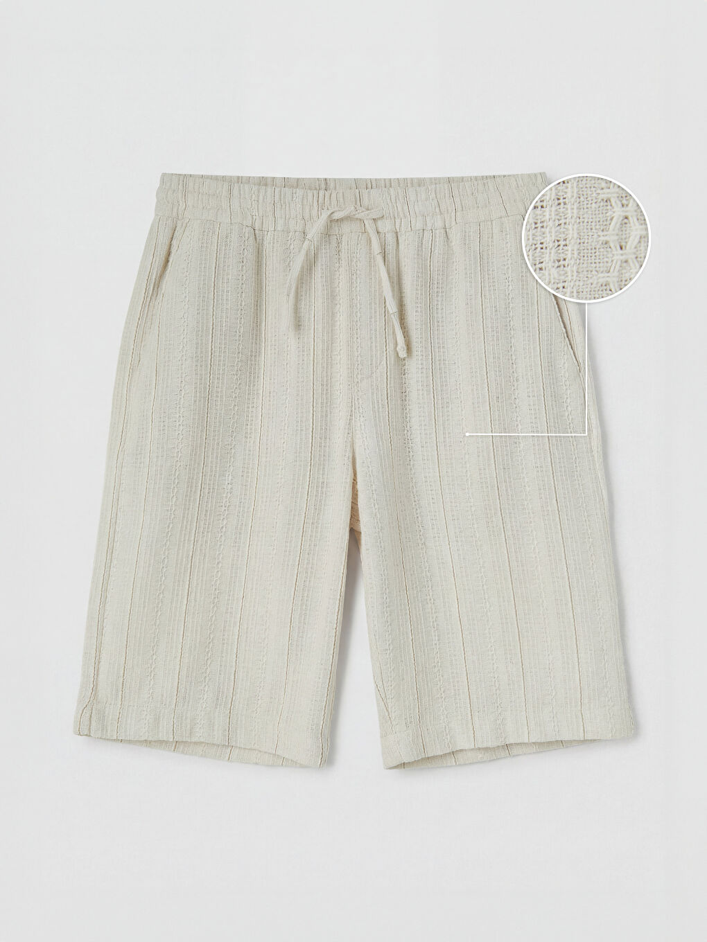 Ekru Standart Kalıp Keten Görünümlü Erkek Şort