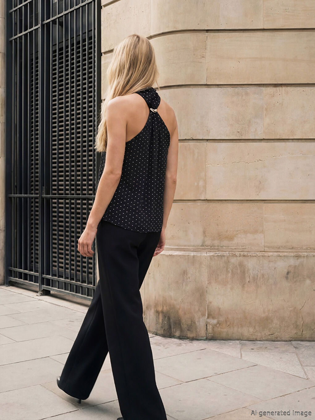 Siyah Halter Yaka Fularlı Puantiyeli Bluz-2