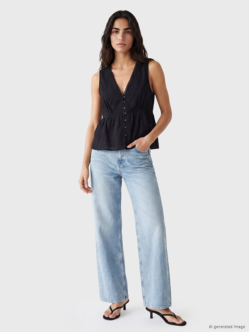 Siyah V Yaka Dantel Detaylı Peplum Bluz-1