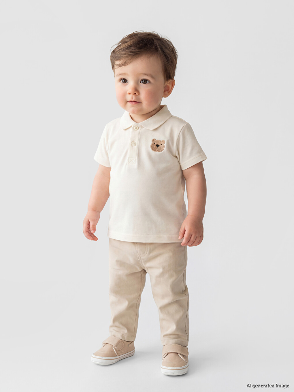 Ekru Polo Yaka Nakışlı Erkek Bebek Takım