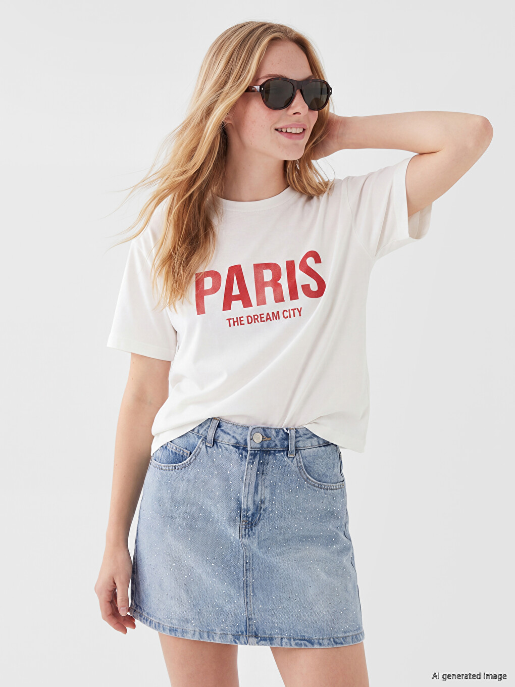 Beyaz Paris Baskılı Soft Touch Kadın Tişört