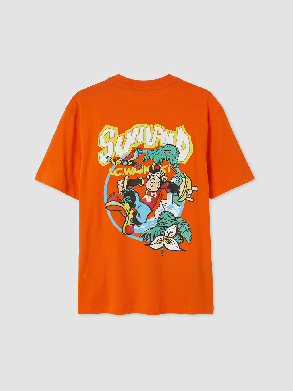 Turuncu Bisiklet Yaka Nostaljik Maymun Baskılı Erkek Tişört-1