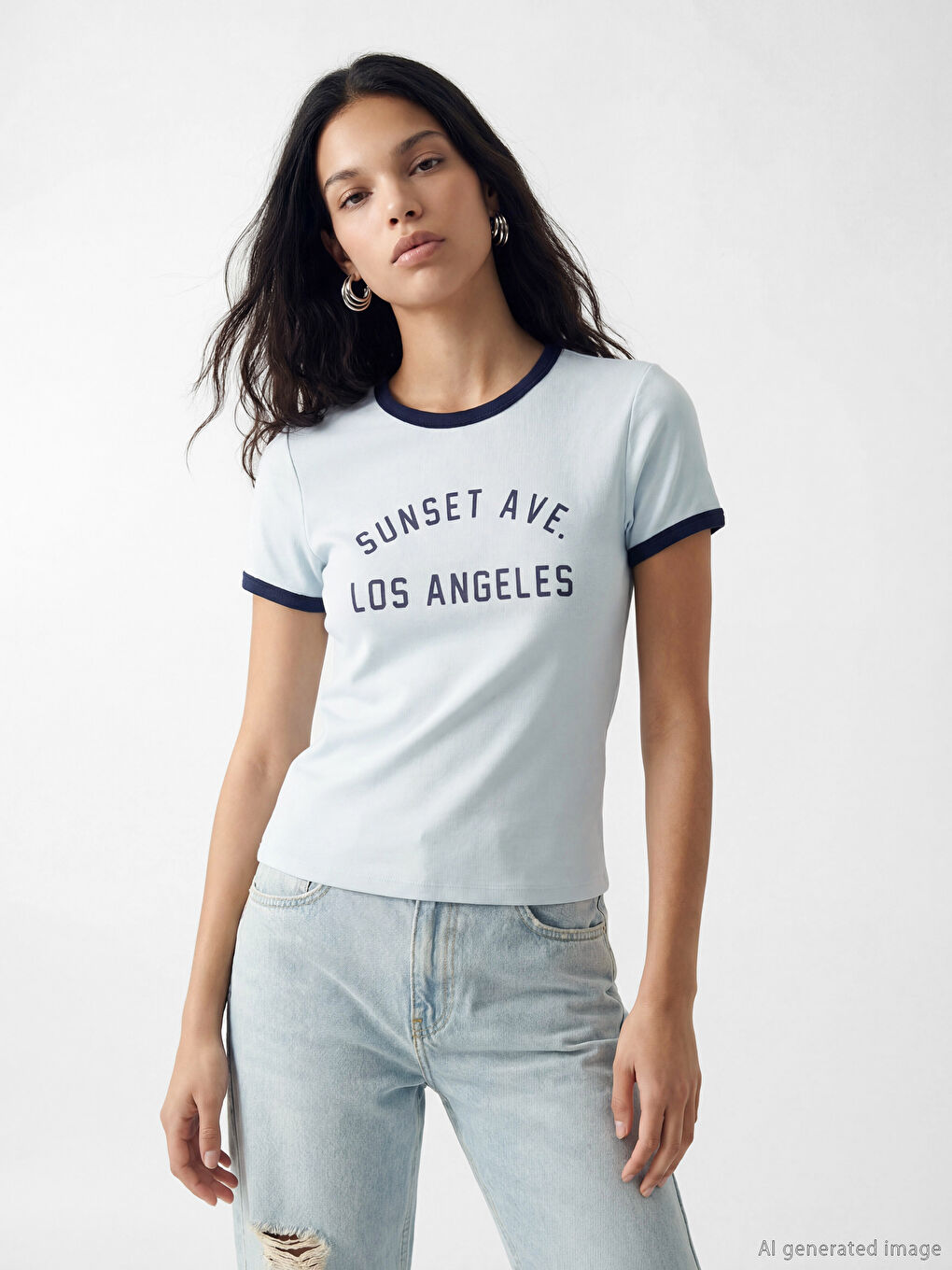 Mavi Bisiklet Yaka Los Angeles Baskılı Kadın Tişört