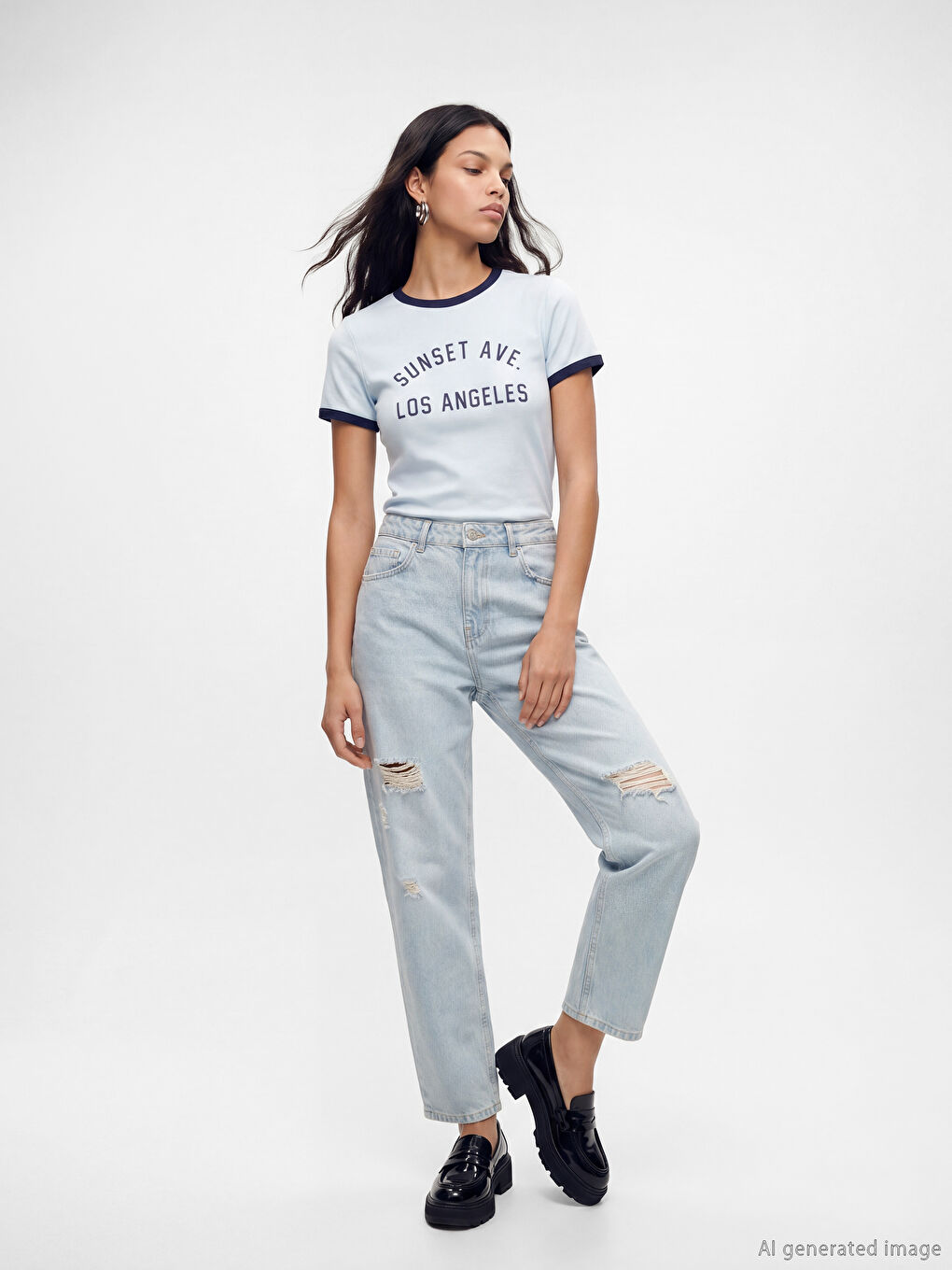 Mavi Bisiklet Yaka Los Angeles Baskılı Kadın Tişört-1